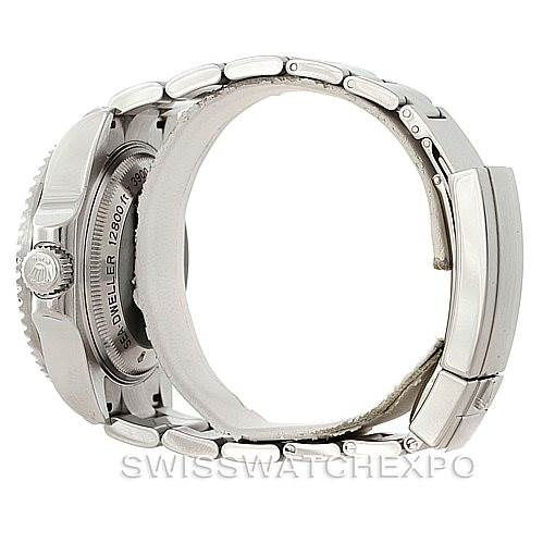 This image shows the Rolex Sea-Dweller 116660 Men's Stainless Steel Black Dial 116660 Men's Stainless Steel Black Dial watch in a side view, highlighting its bracelet and clasp.