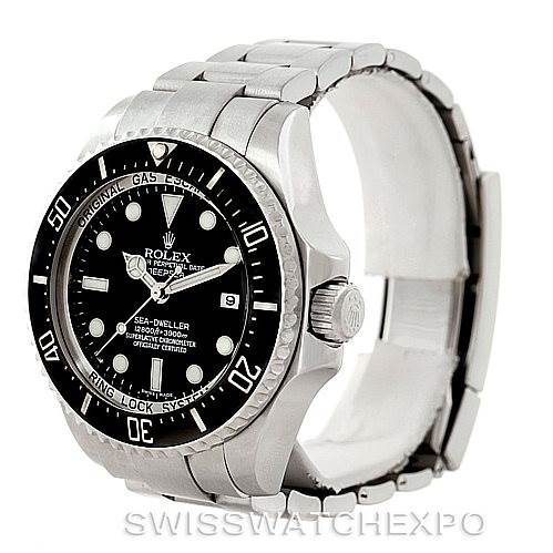 The Rolex Sea-Dweller 116660 Men's Stainless Steel Black Dial 116660 Men's Stainless Steel Black Dial watch is shown from a side angle, displaying the face, bezel, crown, and part of the bracelet.
