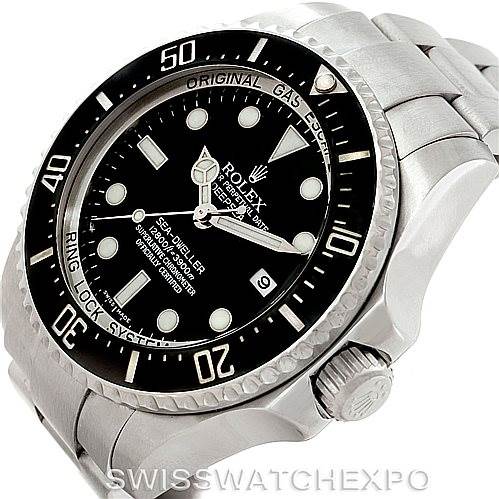 The image shows a partially top and side view of the Rolex Sea-Dweller 116660 Men's Stainless Steel Black Dial 116660 Men's Stainless Steel Black Dial watch, highlighting the bezel, dial, and crown.