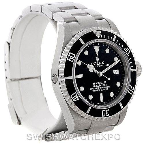 The image shows a side and front view of the Rolex Sea-Dweller 16600 Men's Stainless Steel Black Dial 16600 Men's Stainless Steel Black Dial watch, highlighting the bezel, dial, and bracelet.