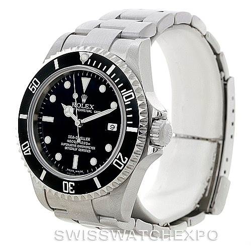 This image shows a Rolex Sea-Dweller 16600 Men's Stainless Steel Black Dial 16600 Men's Stainless Steel Black Dial watch from an angled view highlighting its face, bezel, crown, and bracelet.