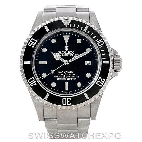 This image shows a front view of the Rolex Sea-Dweller 16600 Men's Stainless Steel Black Dial 16600 Men's Stainless Steel Black Dial watch, highlighting its dial, bezel, and bracelet.