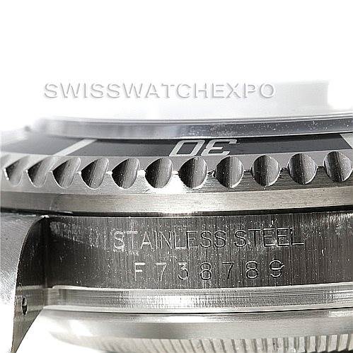 This image shows a close-up side angle of a Rolex Sea-Dweller 16600 Men's Stainless Steel Black Dial 16600 Men's Stainless Steel Black Dial, focusing on the bezel, case, and engravings on the watch.