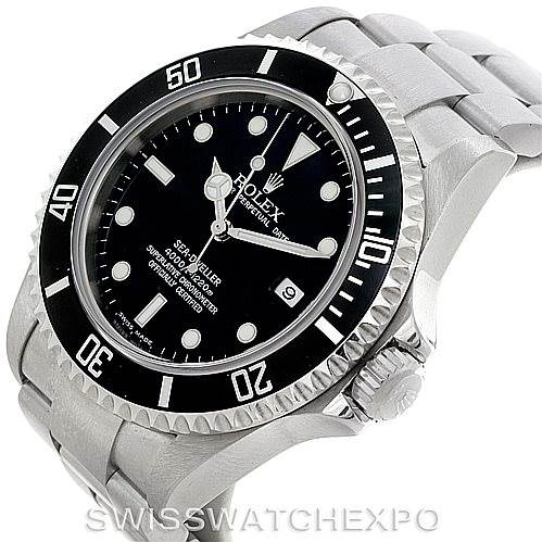 The photo shows the Rolex Sea-Dweller 16600 Men's Stainless Steel Black Dial 16600 Men's Stainless Steel Black Dial watch from a front oblique angle, highlighting the dial, bezel, and part of the bracelet.