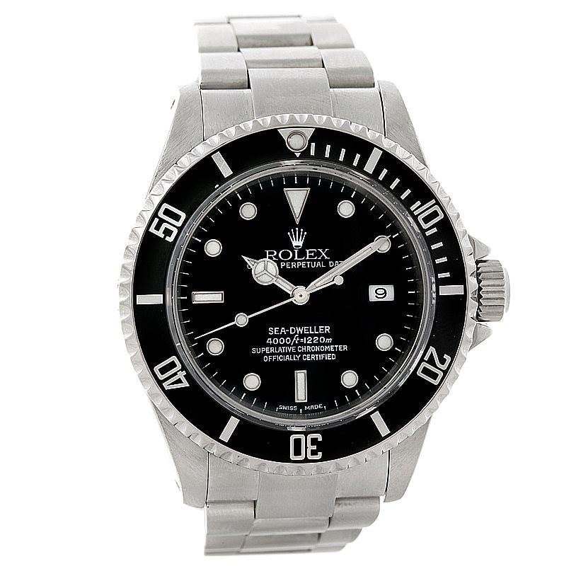 The image shows a front view of the Rolex Sea-Dweller 16600 Men's Stainless Steel Black Dial 16600 Men's Stainless Steel Black Dial watch, displaying the dial, bezel, and stainless steel bracelet.