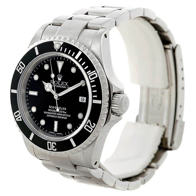 The image shows a Rolex Sea-Dweller 16600 Men's Stainless Steel Black Dial 16600 Men's Stainless Steel Black Dial watch from a three-quarter angle, highlighting the dial, case, bezel, and bracelet.