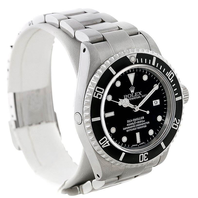 The image shows a Rolex Sea-Dweller 16600 Men's Stainless Steel Black Dial 16600 Men's Stainless Steel Black Dial watch at an angled side view, highlighting the bezel, dial, and bracelet.