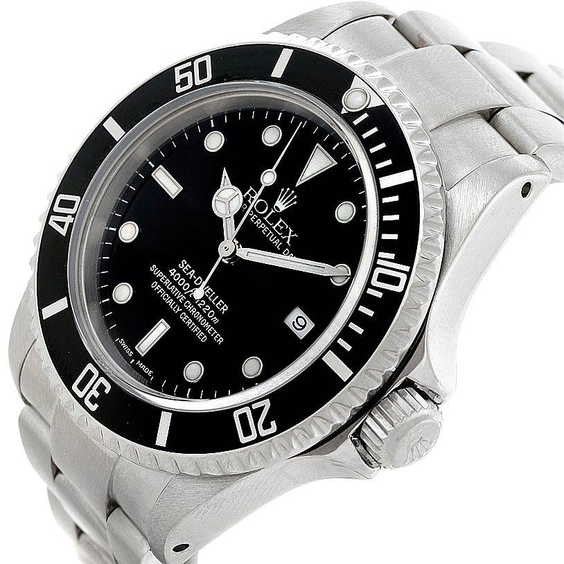 This image shows the face, bezel, and part of the bracelet of the Rolex Sea-Dweller 16600 Men's Stainless Steel Black Dial 16600 Men's Stainless Steel Black Dial watch at a slight angle.