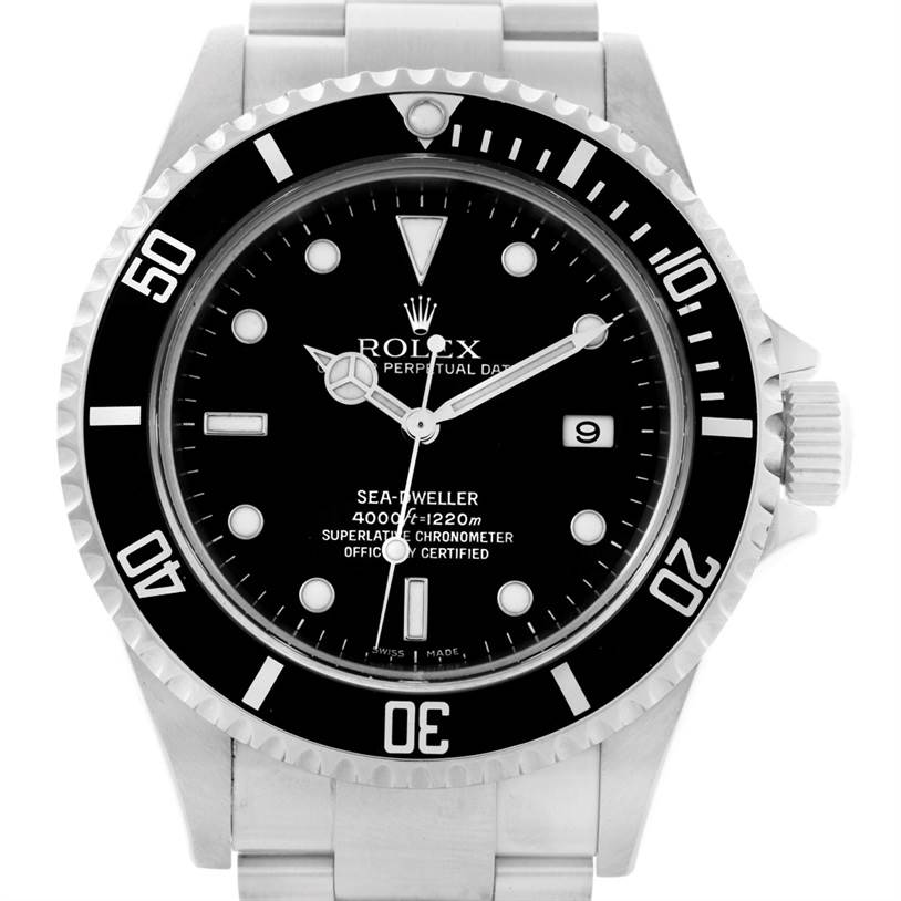 The image shows a Rolex Sea-Dweller 16600 Men
s Stainless Steel Black Dial 16600 Men
s Stainless Steel Black Dial watch from a front angle, highlighting its dial, bezel, hands, case, and part of the bracelet.