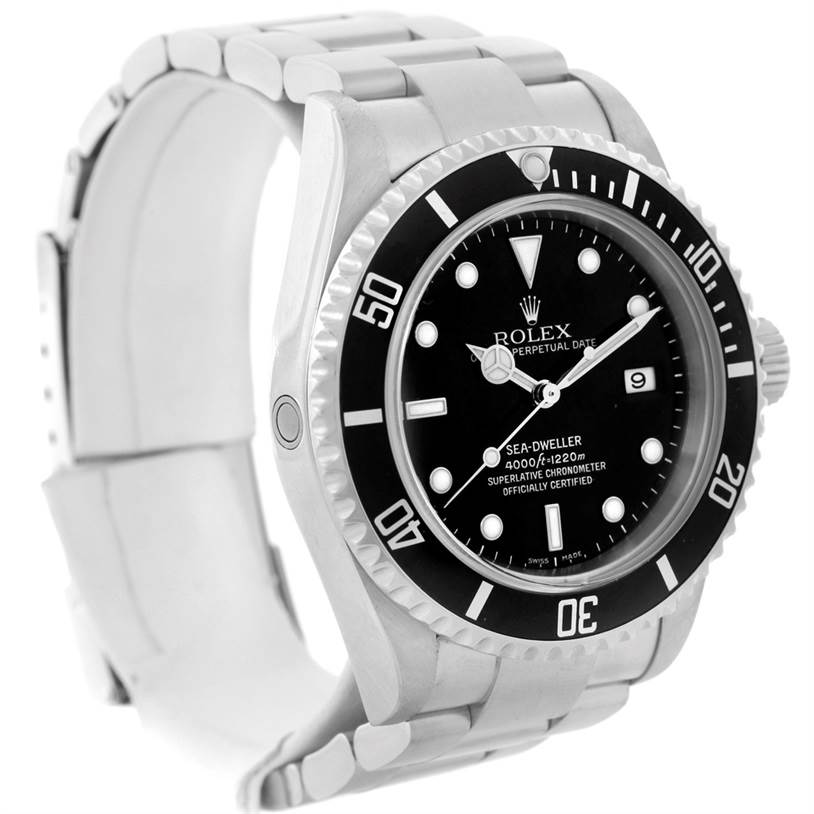 The Rolex Sea-Dweller 16600 Men
s Stainless Steel Black Dial 16600 Men
s Stainless Steel Black Dial watch is shown at an angled view, highlighting its black dial, bezel, and stainless steel bracelet.