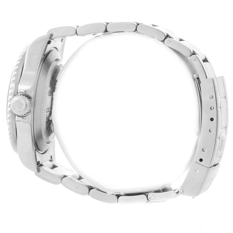 The image shows a side view of a Rolex Sea-Dweller 16600 Men
s Stainless Steel Black Dial 16600 Men
s Stainless Steel Black Dial, featuring its case, crown, and bracelet.