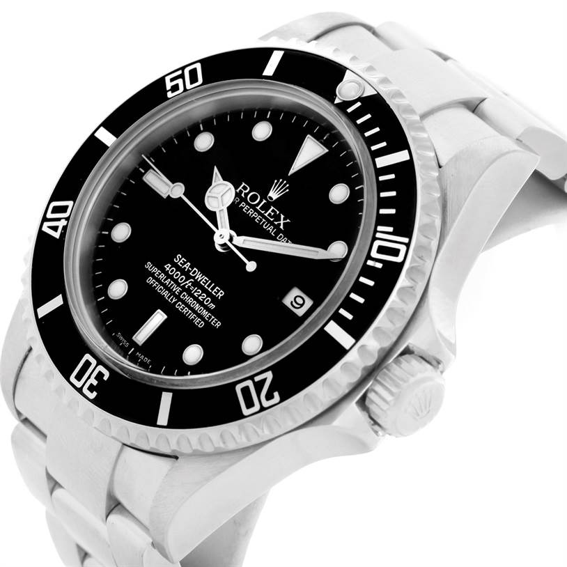 The image shows a Rolex Sea-Dweller 16600 Men
s Stainless Steel Black Dial 16600 Men
s Stainless Steel Black Dial watch at an angled view, highlighting the dial, bezel, and part of the bracelet.
