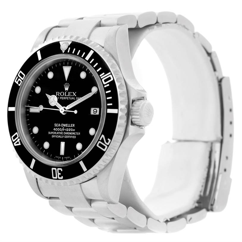 The image shows a side view of a Rolex Sea-Dweller 16600 Men
s Stainless Steel Black Dial 16600 Men
s Stainless Steel Black Dial watch, highlighting the bezel, dial, crown, and part of the bracelet.
