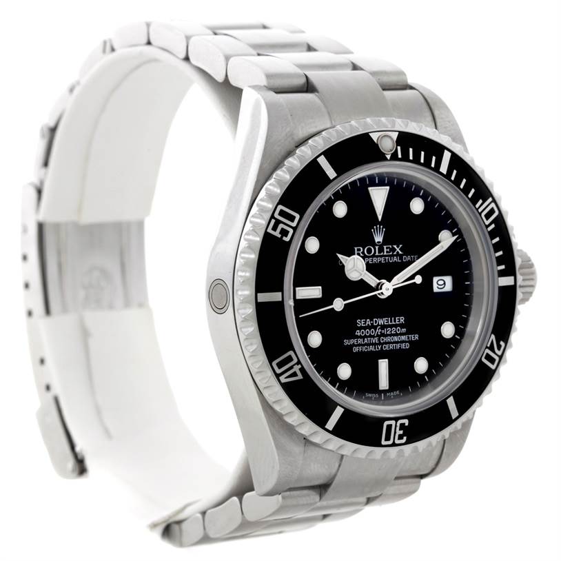 The image shows a side angle of the Rolex Sea-Dweller 16600 Men's Stainless Steel Black Dial 16600 Men's Stainless Steel Black Dial watch, highlighting its bezel, dial, and part of the bracelet.