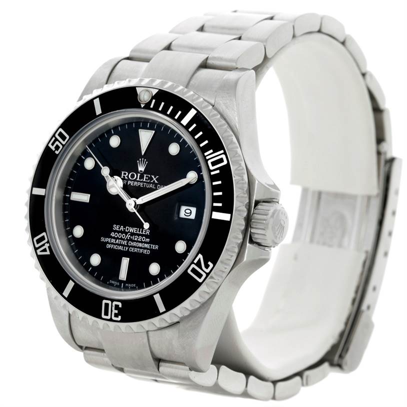 The image shows a Rolex Sea-Dweller 16600 Men's Stainless Steel Black Dial 16600 Men's Stainless Steel Black Dial watch at a side angle, highlighting the dial, bezel, and bracelet.