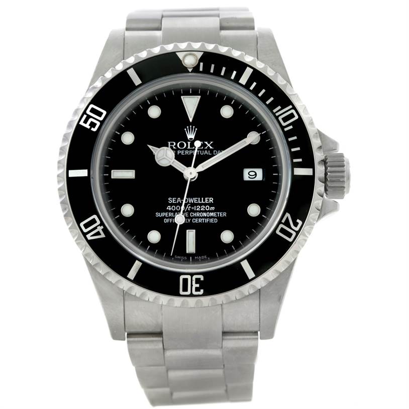 The image shows a front view of the Rolex Sea-Dweller 16600 Men's Stainless Steel Black Dial 16600 Men's Stainless Steel Black Dial watch, displaying its face, bezel, and metal bracelet.