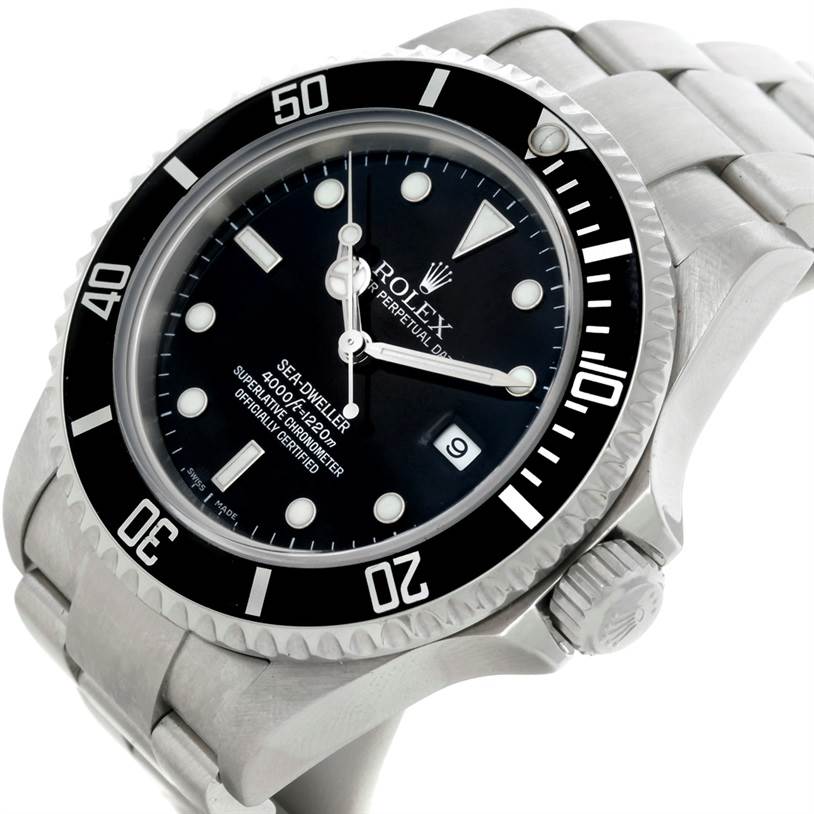 This image shows a close-up of the Rolex Sea-Dweller 16600 Men's Stainless Steel Black Dial 16600 Men's Stainless Steel Black Dial watch at an angle that highlights the dial, bezel, and part of the bracelet.