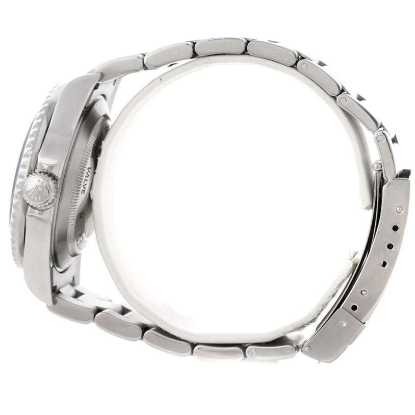 The Rolex Sea-Dweller 16600 Men's Stainless Steel Black Dial 16600 Men's Stainless Steel Black Dial watch is shown from the side, highlighting its crown, case, and metal bracelet.