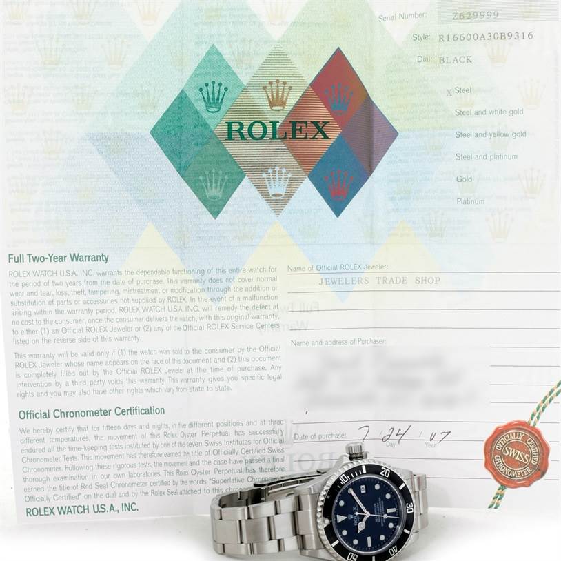 The image displays the Rolex Sea-Dweller 16600 Men's Stainless Steel Black Dial 16600 Men's Stainless Steel Black Dial watch at an angle showcasing its face and part of the bracelet, along with warranty documentation.