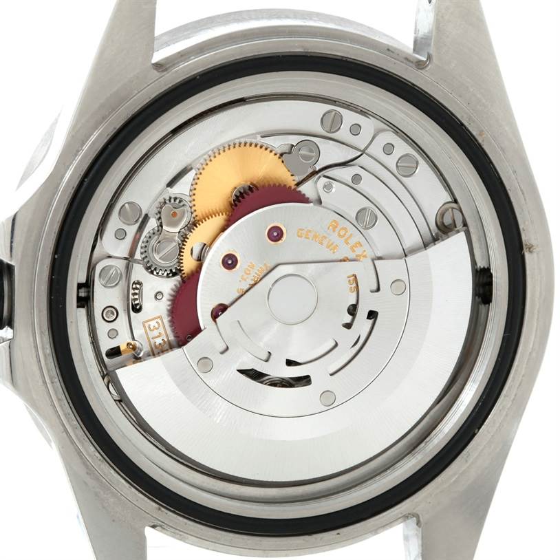 The image shows the internal movement and metallic gears of the Rolex Sea-Dweller 16600 Men's Stainless Steel Black Dial 16600 Men's Stainless Steel Black Dial watch from a rear angle.