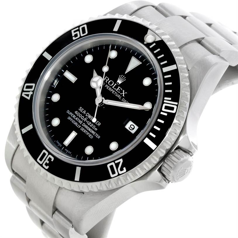 The image shows a close-up view of the Rolex Sea-Dweller 16600 Men's Stainless Steel Black Dial 16600 Men's Stainless Steel Black Dial watch, highlighting its face, bezel, and bracelet.