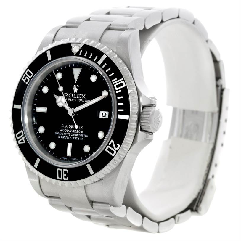 The Rolex Sea-Dweller 16600 Men's Stainless Steel Black Dial 16600 Men's Stainless Steel Black Dial watch is shown from a front-left angle, highlighting the face, bezel, crown, and part of the bracelet.