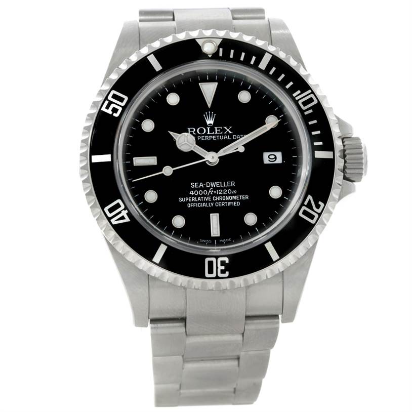 The image shows a front view of the Rolex Sea-Dweller 16600 Men's Stainless Steel Black Dial 16600 Men's Stainless Steel Black Dial watch, displaying the dial, bezel, and part of the metal bracelet.