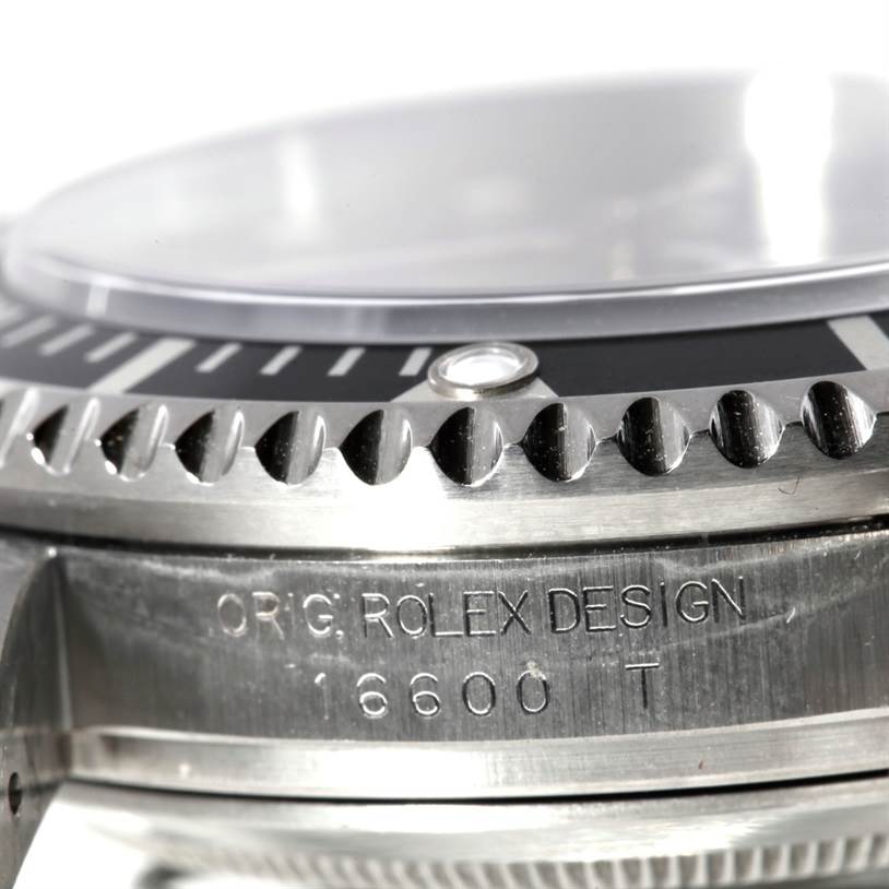 The image shows a close-up of the bezel and case side of a Rolex Sea-Dweller 16600 Men's Stainless Steel Black Dial 16600 Men's Stainless Steel Black Dial watch, highlighting the model number and "ORIG. ROLEX DESIGN."