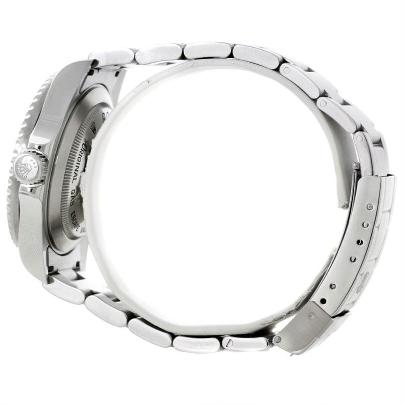 This image shows the side profile of a Rolex Sea-Dweller 16600 Men's Stainless Steel Black Dial 16600 Men's Stainless Steel Black Dial watch, highlighting the bracelet, crown, and case back.