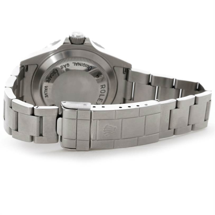 This image shows the back and partially open clasp of a Rolex Sea-Dweller 16600 Men's Stainless Steel Black Dial 16600 Men's Stainless Steel Black Dial watch.
