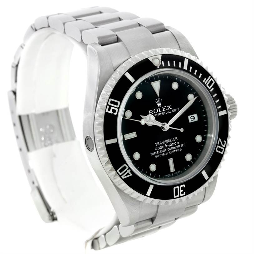 The Rolex Sea-Dweller 16600 Men's Stainless Steel Black Dial 16600 Men's Stainless Steel Black Dial watch is shown from a three-quarter front angle, displaying the face, bezel, and part of the bracelet.