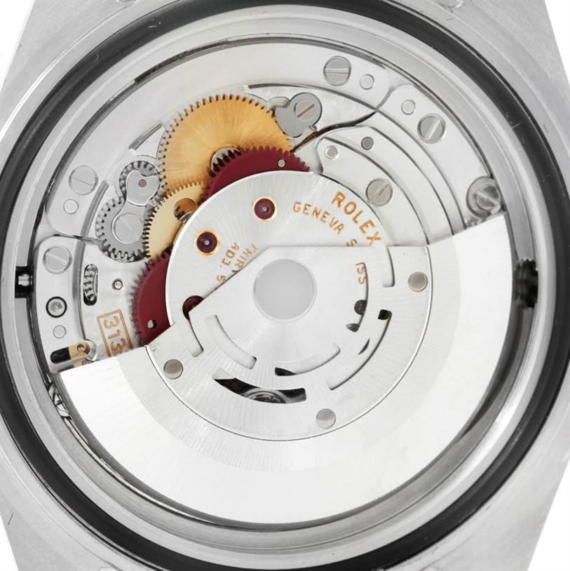 This image shows the internal movement mechanism of a Rolex Sea-Dweller 16600 Men
s Stainless Steel Black Dial 16600 Men
s Stainless Steel Black Dial watch from a top-down angle.