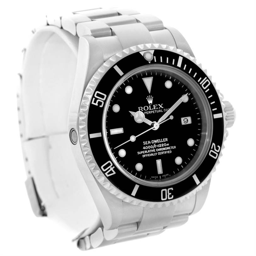 The image shows a front angled view of the Rolex Sea-Dweller 16600 Men
s Stainless Steel Black Dial 16600 Men
s Stainless Steel Black Dial watch displaying its dial, bezel, bracelet, and crown.