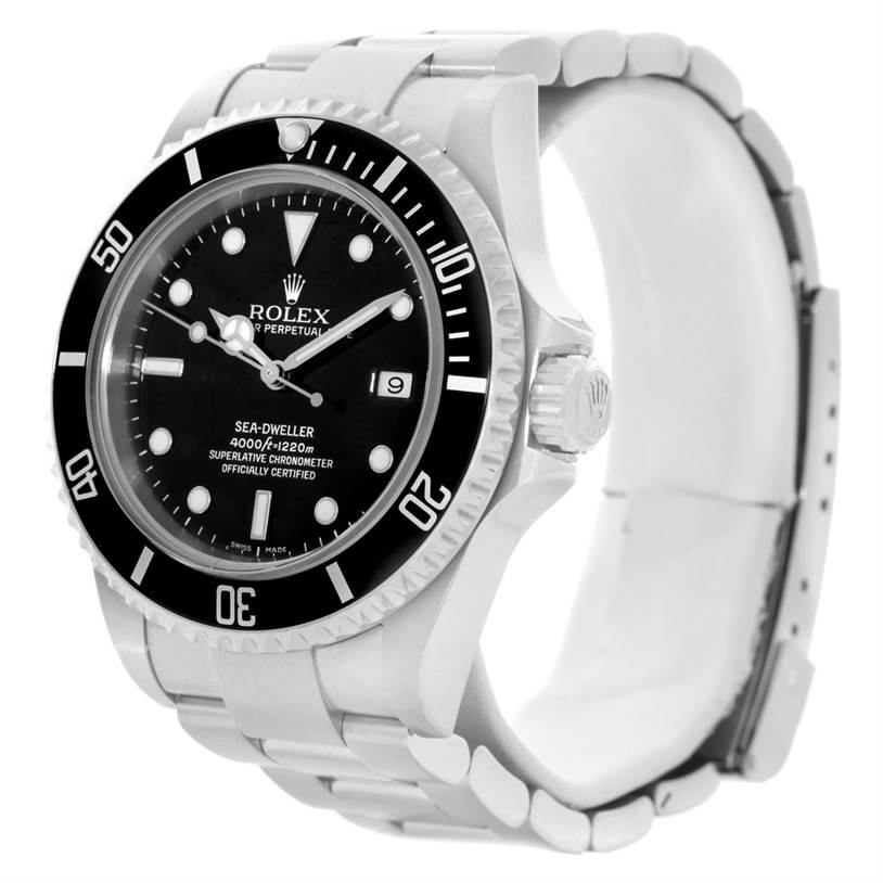 The image shows a side angle of the Rolex Sea-Dweller 16600 Men
s Stainless Steel Black Dial 16600 Men
s Stainless Steel Black Dial, highlighting its bezel, crown, dial, and bracelet.