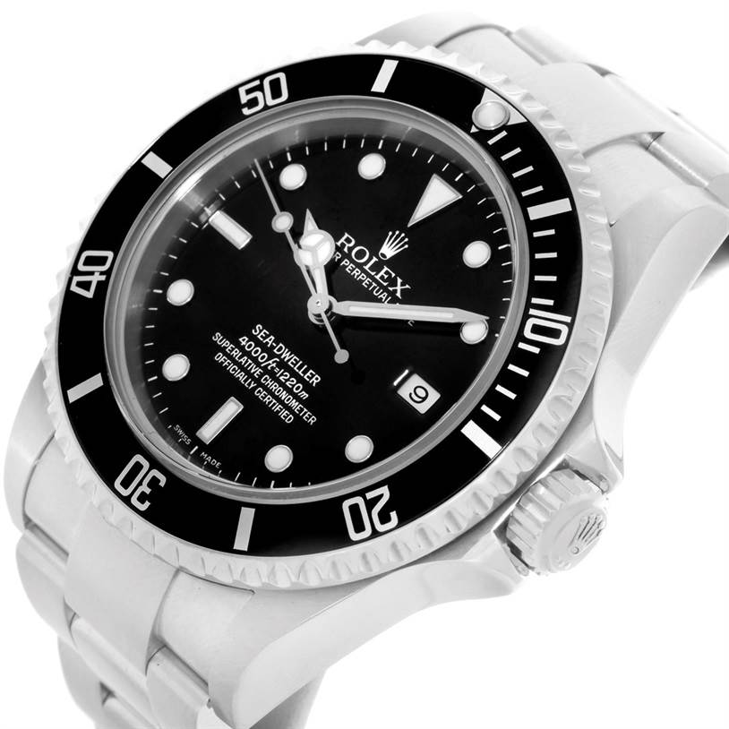 This Rolex Sea-Dweller 16600 Men
s Stainless Steel Black Dial 16600 Men
s Stainless Steel Black Dial watch is shown at a slight angle, highlighting its face, bezel, crown, and part of the bracelet.