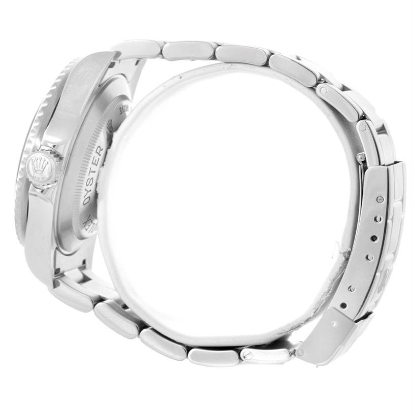 This image shows a side view of the Rolex Sea-Dweller 16600 Men
s Stainless Steel Black Dial 16600 Men
s Stainless Steel Black Dial watch, highlighting the bracelet, clasp, and case back.