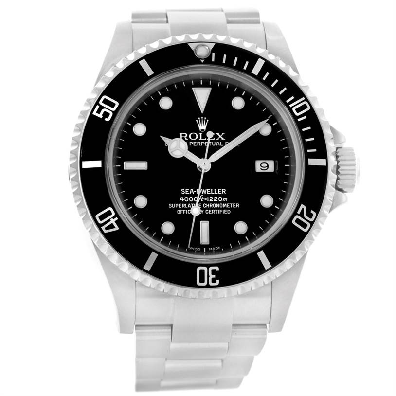 This image shows a frontal view of a Rolex Sea-Dweller 16600 Men
s Stainless Steel Black Dial 16600 Men
s Stainless Steel Black Dial watch, highlighting the dial, bezel, and bracelet.