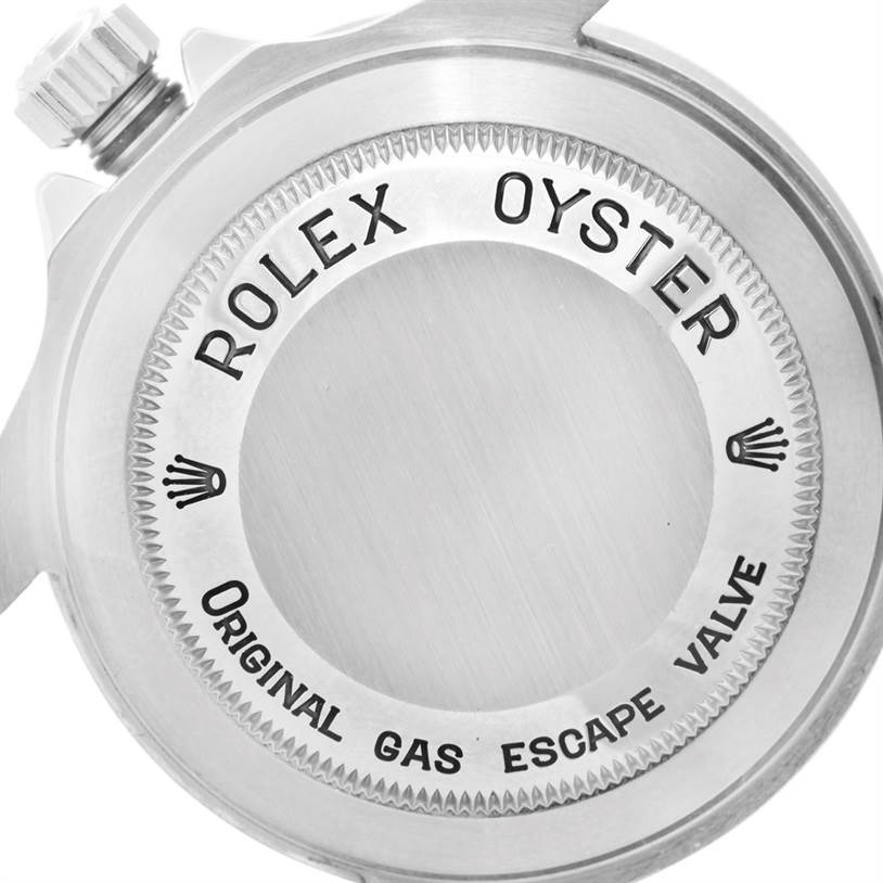 The image shows the back case of a Rolex Sea-Dweller 16600 Men
s Stainless Steel Black Dial 16600 Men
s Stainless Steel Black Dial watch, highlighting the "Original Gas Escape Valve" inscription.