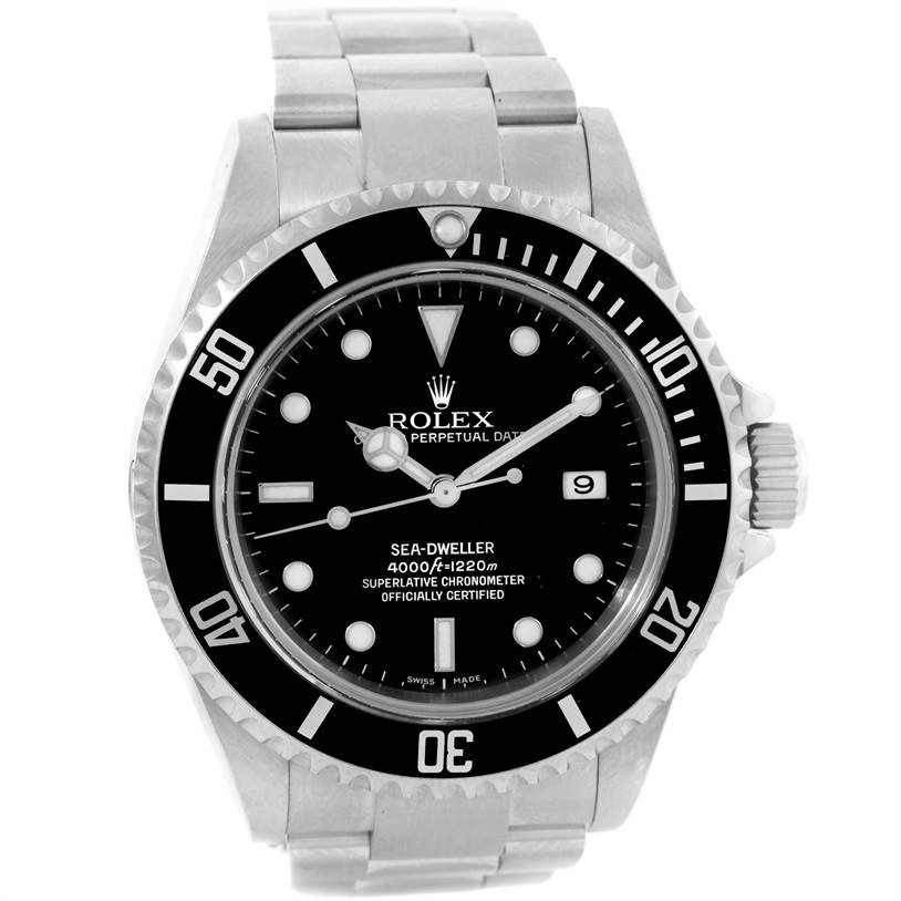 The Rolex Sea-Dweller 16600 Men's Stainless Steel Black Dial 16600 Men's Stainless Steel Black Dial watch is shown from a front angle, highlighting the dial, bezel, and bracelet.
