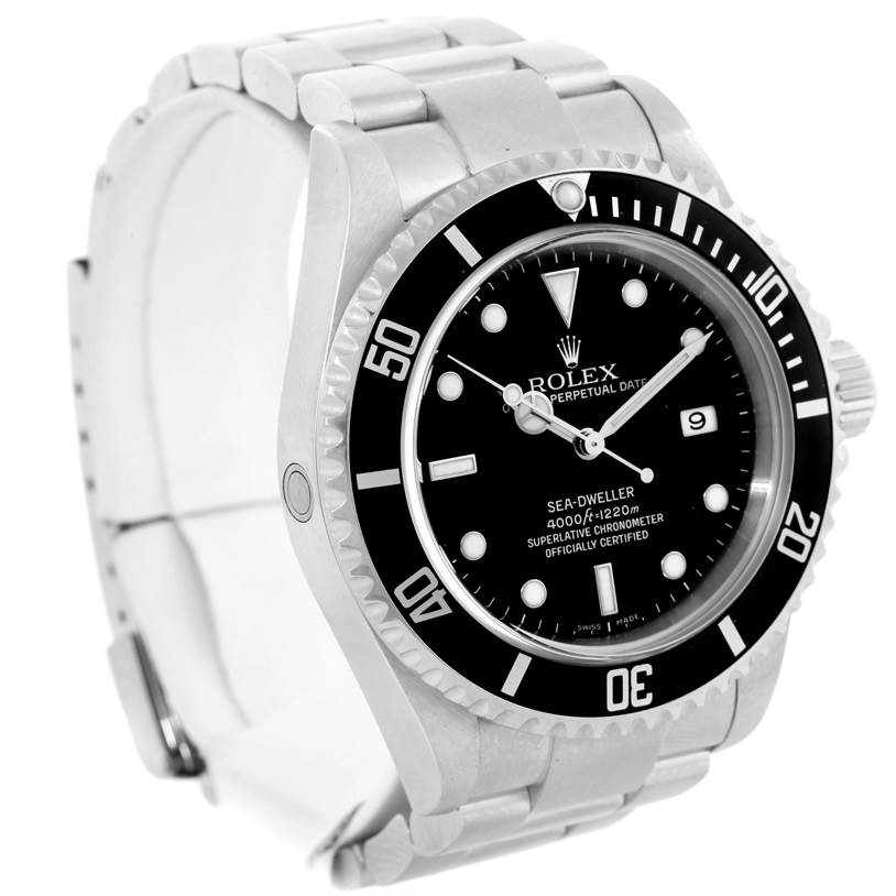 The Rolex Sea-Dweller 16600 Men's Stainless Steel Black Dial 16600 Men's Stainless Steel Black Dial watch is shown at a 3/4 angle displaying the dial, bezel, bracelet, and crown.