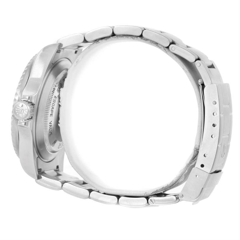 The image shows a side view of the case back, crown, and bracelet of the Rolex Sea-Dweller 16600 Men's Stainless Steel Black Dial 16600 Men's Stainless Steel Black Dial watch.