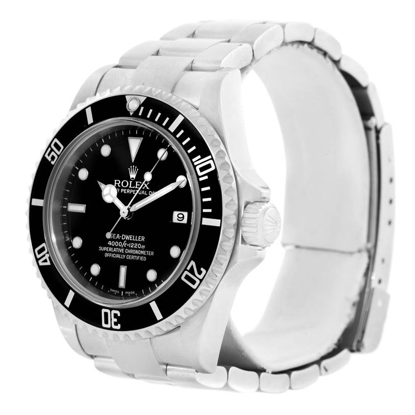 The image shows a front and slightly angled view of the Rolex Sea-Dweller 16600 Men's Stainless Steel Black Dial 16600 Men's Stainless Steel Black Dial, highlighting its face, bezel, and part of the bracelet.