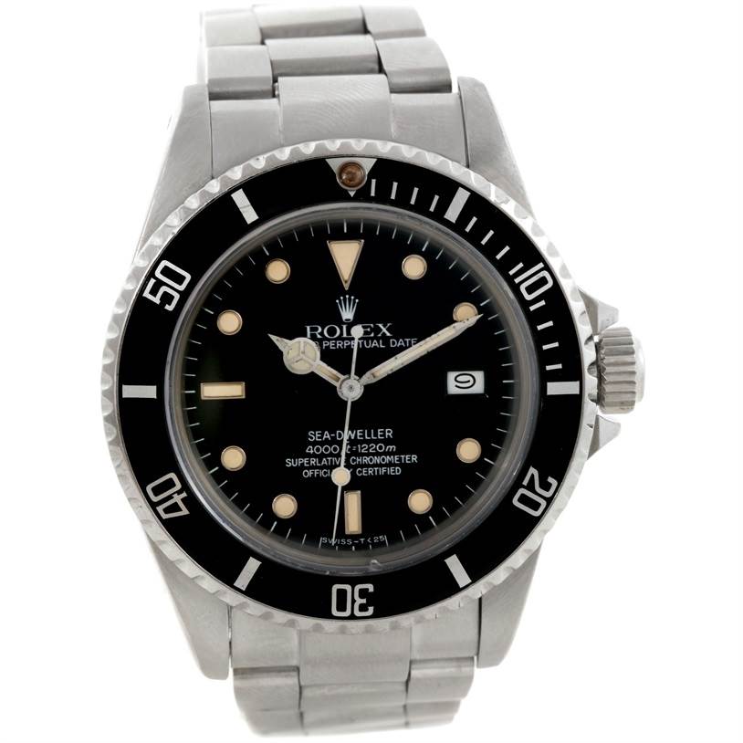 The image shows a front view of a Rolex Sea-Dweller 16660 Men's Stainless Steel Black Dial 16660 Men's Stainless Steel Black Dial watch, displaying the dial, bezel, and bracelet.