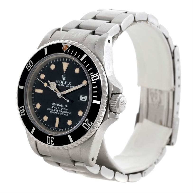 The image showcases a Rolex Sea-Dweller 16660 Men's Stainless Steel Black Dial 16660 Men's Stainless Steel Black Dial watch at a 3/4 angle, displaying the dial, case, bezel, crown, and bracelet.