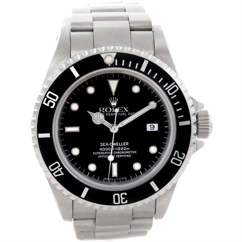 The image shows a frontal view of a Rolex Sea-Dweller 16600 Men's Stainless Steel Black Dial 16600 Men's Stainless Steel Black Dial watch, highlighting its face, bezel, and bracelet.