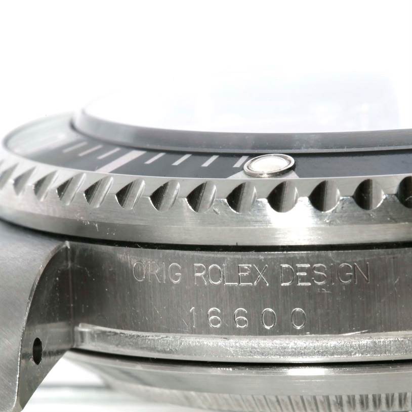The image shows a close-up, side-angle view of the bezel and case side of a Rolex Sea-Dweller 16600 Men's Stainless Steel Black Dial 16600 Men's Stainless Steel Black Dial, model number 16600.