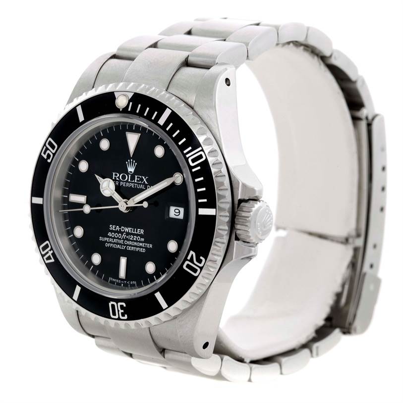 This image shows a side view of the Rolex Sea-Dweller 16600 Men's Stainless Steel Black Dial 16600 Men's Stainless Steel Black Dial watch, highlighting the dial, bezel, and bracelet.
