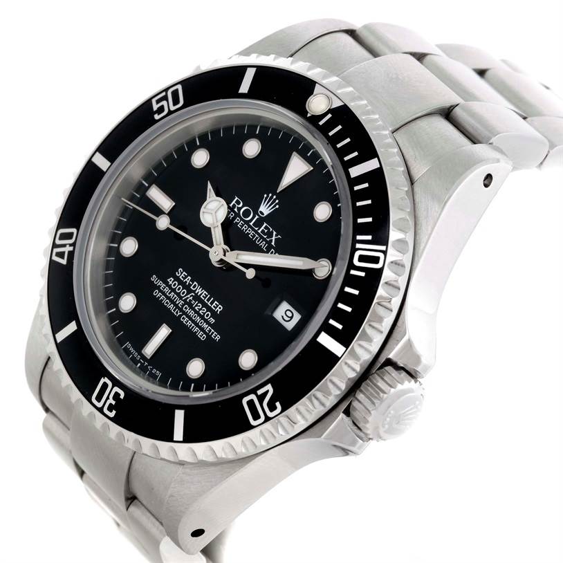 The image shows a Rolex Sea-Dweller 16600 Men's Stainless Steel Black Dial 16600 Men's Stainless Steel Black Dial watch at an oblique angle, highlighting its bezel, crown, dial, and bracelet.