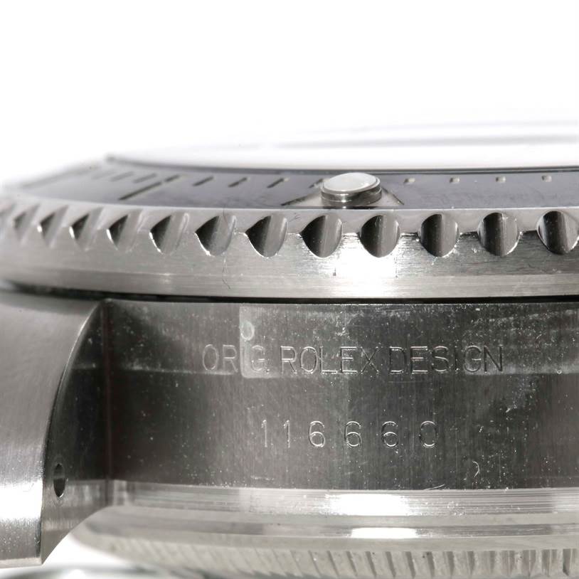 The image shows a close-up view of the bezel and case side of the Rolex Sea-Dweller 116660 Men's Stainless Steel Black Dial 116660 Men's Stainless Steel Black Dial model.