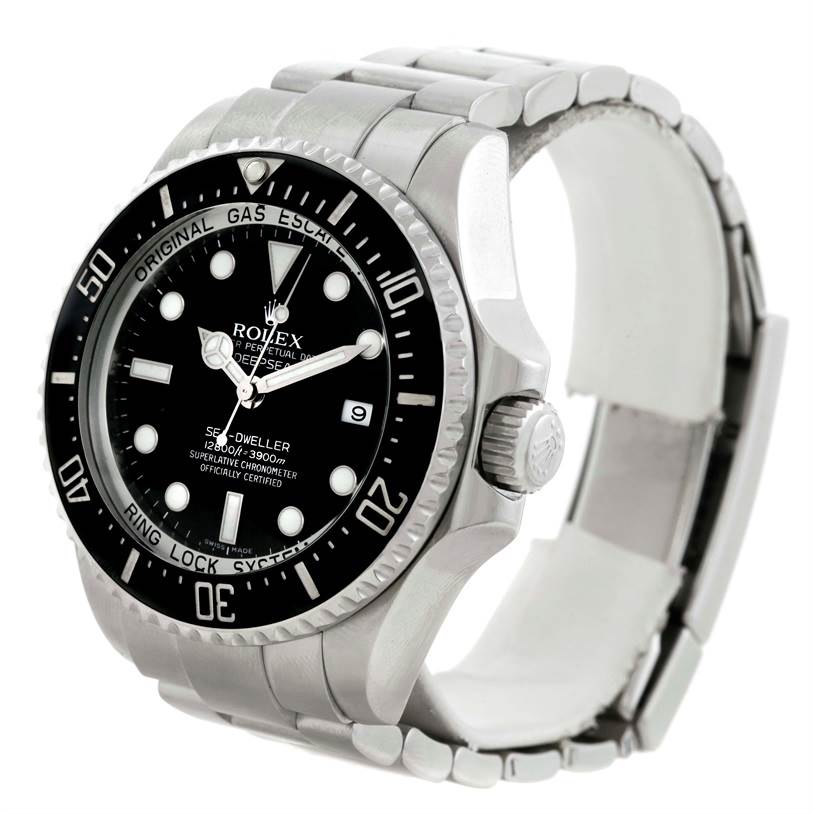 This image shows a close-up angle of a Rolex Sea-Dweller 116660 Men's Stainless Steel Black Dial 116660 Men's Stainless Steel Black Dial watch, highlighting its dial, bezel, crown, and part of the bracelet.